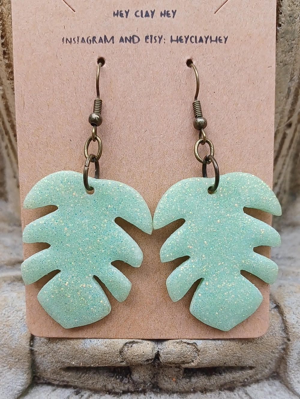 Mint Green Glitter Monstera Leaf Earrings